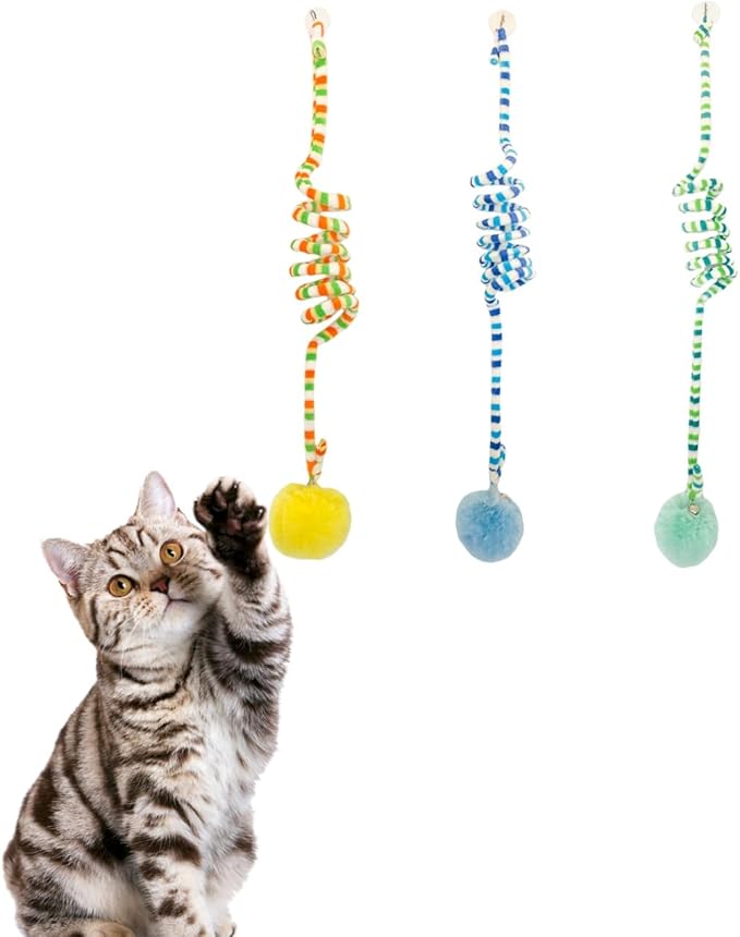 3Pcs Cat Spring Toys with Ball Hanging Kitten Toys Pets Interactive Toy Cat Ball Toys with Bell Long Tail Elastic Soft Plush Cat Toys for Indoor Kitten and Cats (yellowbluegreen, 3pcs)