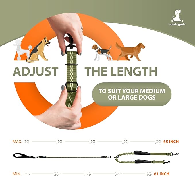 SparklyPets Double Dog Leash for 2 Dogs – Rope Bungee Dual Leash for Medium and Large Breeds with Padded Handles & Tangle Free (Green Range, Medium/Large)