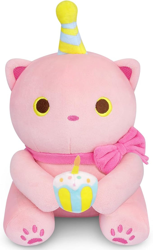 Cat Stuffed Animal - 8 Inch Pink Cat Birthday Stuffed Animal, Cute Stuffed Cat Plush Toy Happy Birthday Gifts for Kids Boys Girls