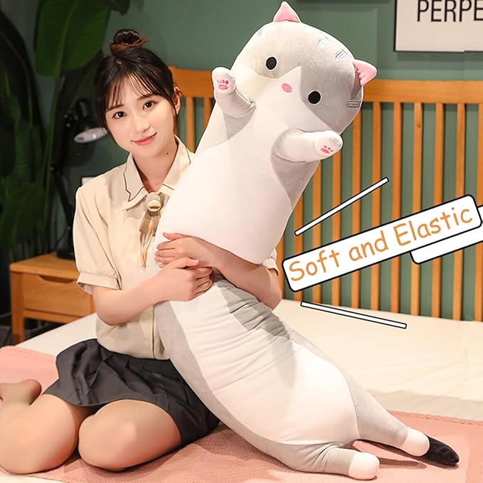 Grey Cat Long Plush Pillow Kitty Stuffed Animals Soft Sleeping Throw Pillow Doll Toy (Grey,27inches)