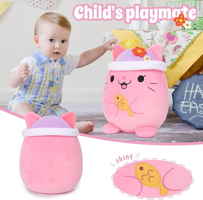 AIXINI Cute Pink Cat Plush Pillow 8" Kitten Stuffed Animal, Soft Kawaii Cat Plushie with Hat Outfit Costume Gift