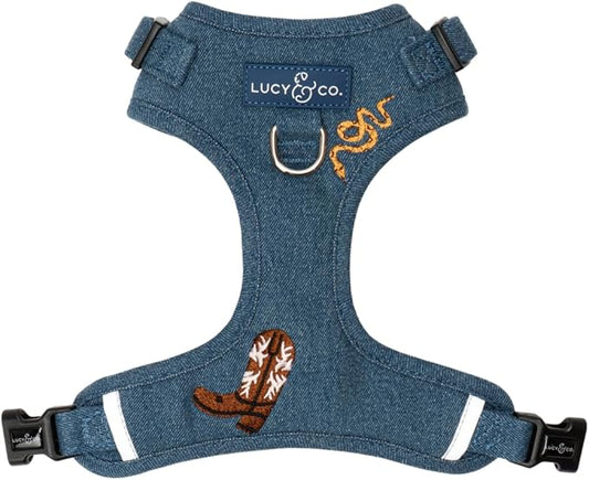 Lucy & Co. The Giddy Up No-Pull Dog Harness for Dogs – Vest to Stop Pulling & Walk Easy – Comfortable Leash Training Product w/Adjustable Chest & Neck Straps - Blue Demin Cowboy - Small