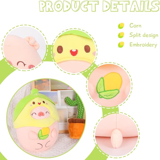 AIXINI Cute Corn Pig Plush Pillow 10" Piggy Stuffed Animal, Soft Kawaii Pig Plushie with Food Outfit Costume, Hugging Plush Squishy Pillow Toy