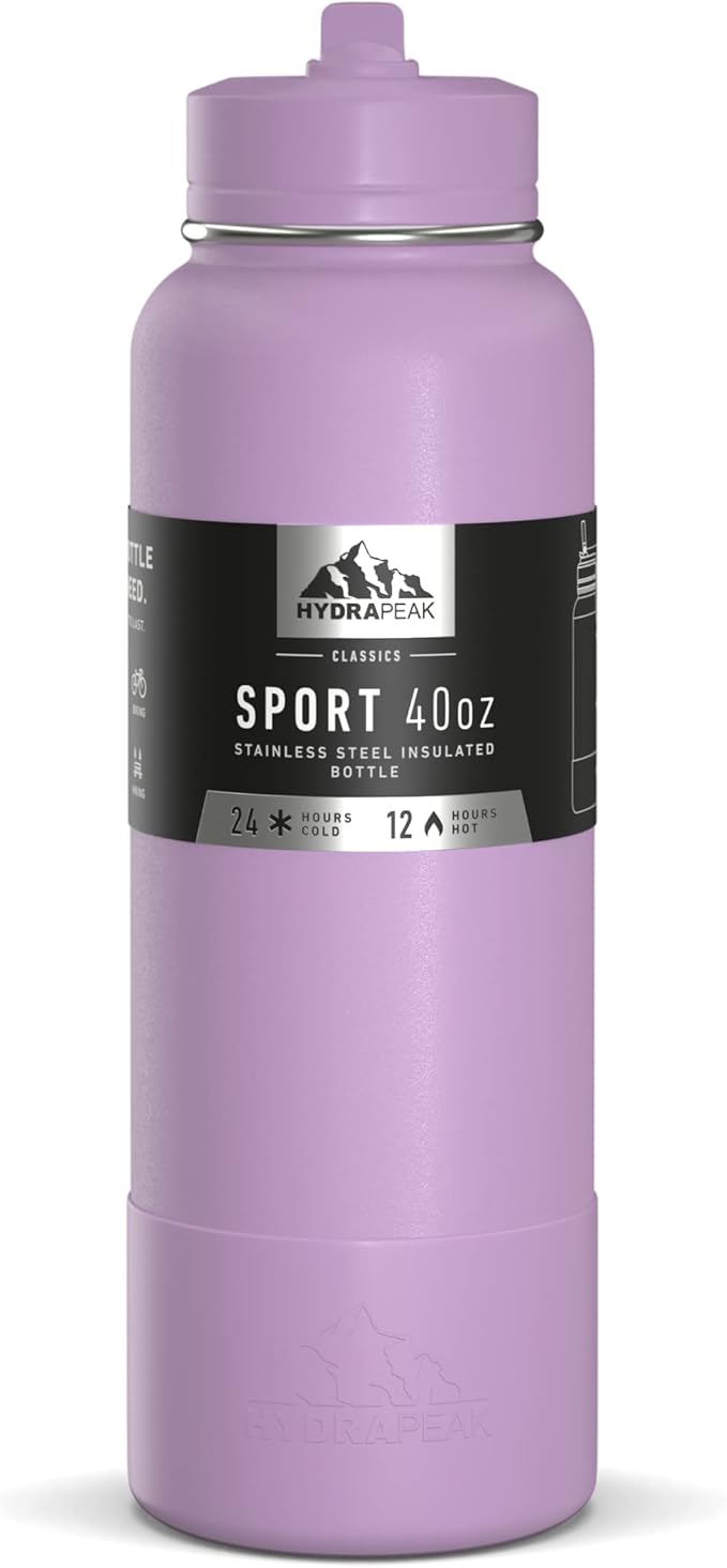 Hydrapeak 40oz Sport Insulated Water Bottle with Straw or Chug Lid, Leak & Spill Proof, Keeps Drinks Cold for 24 Hours, Hot for 12 Hours, Premium Stainless Steel Water Bottles (40oz, Mauve)