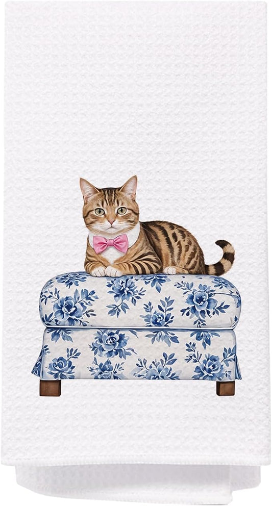 SPBL&L Cat Kitchen Towels, Cat Dish Towels Tea Towels for Kitchen, Cat Gifts for Cat Lovers Women, Cat Mom Gifts, Blue and White Chinoiserie Decor Hand Towels for Bathroom, 16x24 Inches