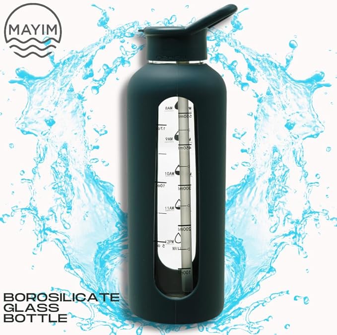 Mayim 24 Oz Glass Tumbler with Straw and Handle, Reusable Motivational Glass Water Bottle with Silicone Sleeve and Time Marker, Leak Proof Borosilicate Water Bottle -Slate