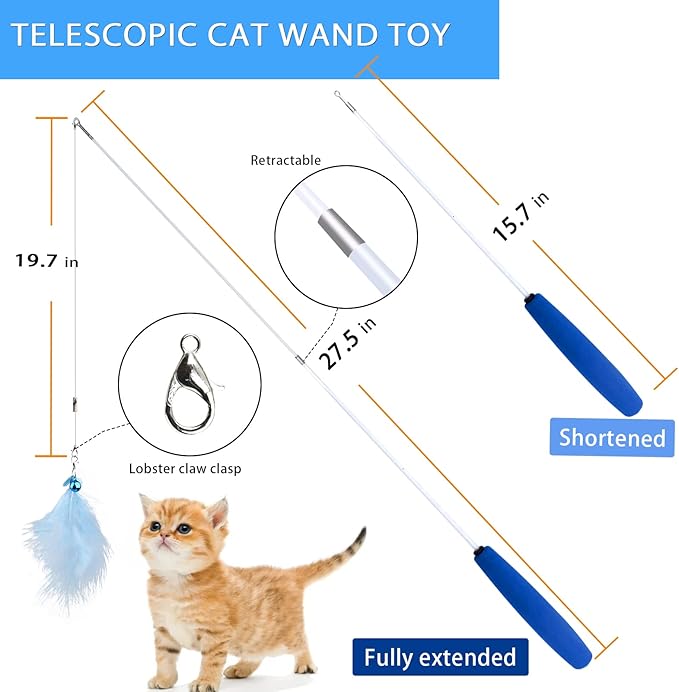 Cat Wand Toy for Indoor Cats 6PCS Fairy Feather Cat Toys with Retractable Fishing Pole Replaceable Feather Attachments Dragonfly Tassel Worm with Bells Cat String Kitten Toy Gift (Blue)