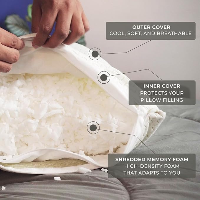 Adjustable Pillow (Queen (U.S. Standard)) Bed Pillow for Sleeping, Cooling Shredded Memory Foam, Adjustable to Soft - Firm, Removable and Washable Cover, Pillow for Back Or Side Sleepers