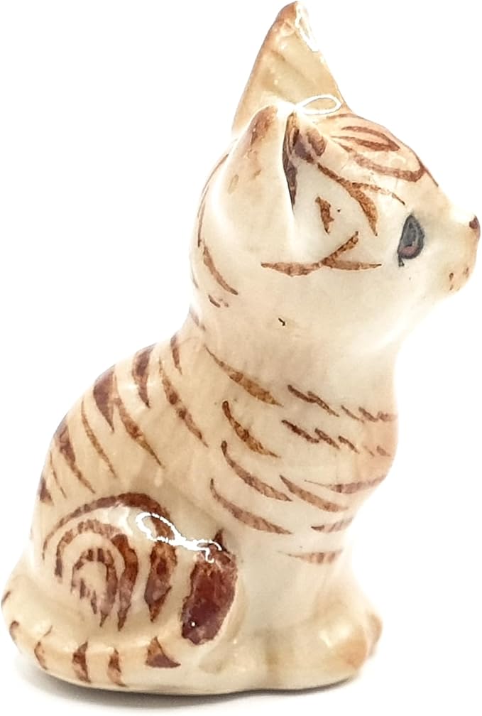 WitnyStore Tiny 1⅛" Brown Tabby Shorthair Cat Sitting Tilt Head Figurine - Miniature Hand Made Painted Ceramic Cats Kitten Feline Animal Cute Porcelain Decorative Collectible Figurines Décor Gifts