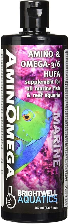 Brightwell Aquatics AminŌmega Amino Acid Omega-3 6 Supplement for Enriching Live Prepared Foods Supports Color Growth Recovery in Marine Fish Corals Inverts, 250 ml