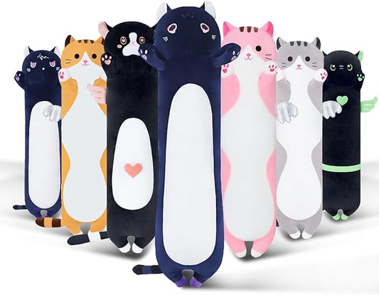 Long Cat Plush Body Pillow, Soft Cat Plush Toy Pillows for Kids, Stuffed Animals Cat Plushies Gifts for Girls Girlfriend(DevilCAT with Skull, 43.3in/110cm)