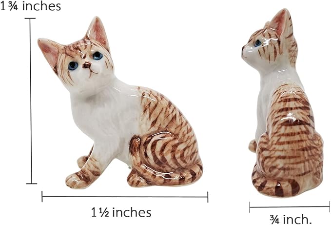 WitnyStore Tiny 1½" Long White Brown Tabby Shorthair Cat Sitting Look Up Left Figurine - Miniature Hand Made Painted Ceramic Cats Kitten Animal Cute Porcelain Decorative Collectible Figure Décor Gifts