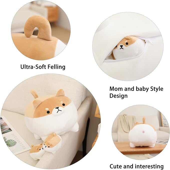 SQEQE Stuffed Animal Shiba Inu Plush Toy with 4 Baby Shiba Inu Plushies in her Tummy, Stuffed Cotton Plush Animal Toy Gift for Kids