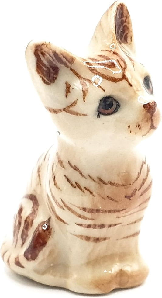 WitnyStore Tiny 1⅛" Brown Tabby Shorthair Cat Sitting Tilt Head Figurine - Miniature Hand Made Painted Ceramic Cats Kitten Feline Animal Cute Porcelain Decorative Collectible Figurines Décor Gifts