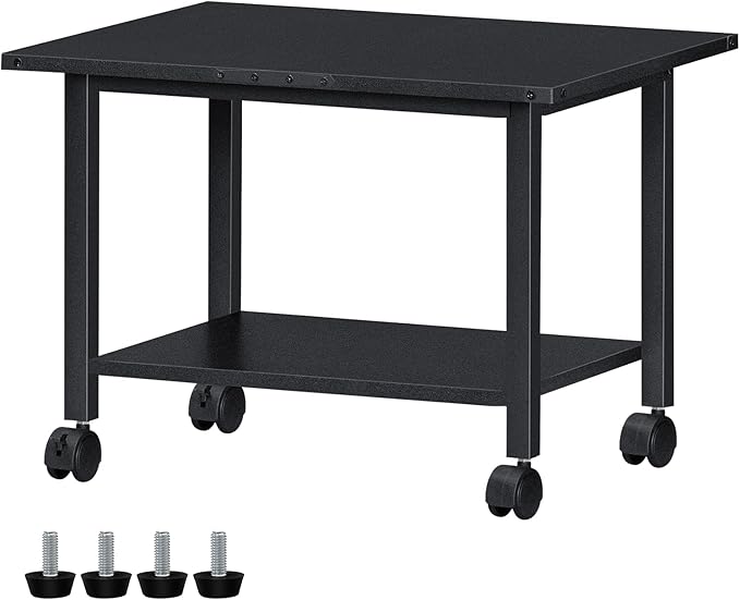 Lerliuo Under Desk Printer Stand, 2-Tier Industrial Mobile Printer Table with Storage Shelf and Steel Frame, Rolling Printer Cart Holder with Lockable Wheels for Home, Office (Black)