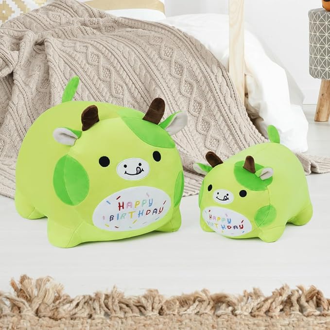 Birthday Cow Plush Pillow Stuffed Animal Toy, Green Birthday Cartton Cow Plush Stuffed Animals, Soft Animal Plush Pillow for Kids(Cow, 40cm/15.7inch)