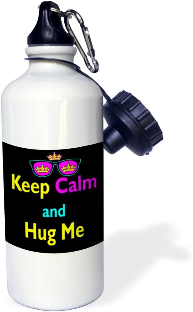 3dRose "CMYK Keep Calm Parody Hipster Crown And Sunglasses Keep Calm And Hug Me" Sports Water Bottle, 21 oz, White