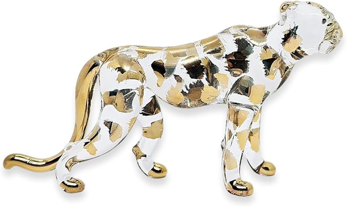 WitnyStore Tiny 5" Clear Gold Stand Cheetah Leopard - Miniature Hand Blown Painted Glass Panthera Feline Wild Cats Small Crystal Wildlife Animals Decorative Figures Collectible Figurines Décor Gifts