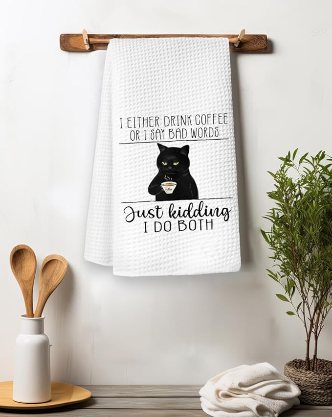 Coffee Kitchen Hand Towels - Black Cat Dish Towels, Bar Accessories Decor, Housewarming Gift for Cat Lovers, 'I Either Drink Coffee or I Say Bad Words' 16x24