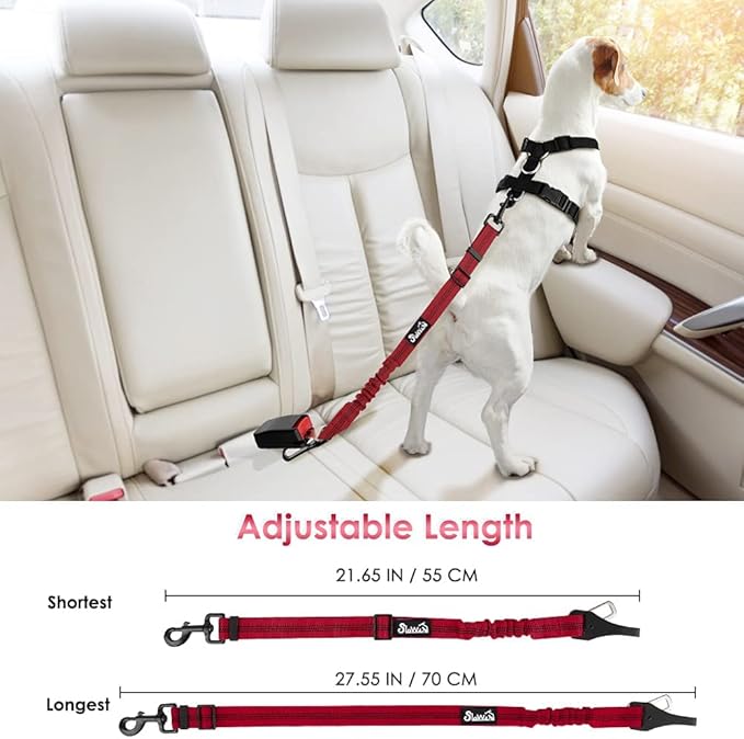 SlowTon 2 Pack Dog Seat Belt, 2 in 1 Attachment, Hook Latch Bar or Seatbelt Buckle with Elastic Nylon Bungee Buffer Adjustable Reflective Nylon Safety Belt Tether Connect to Dog Harness (2pack-R)