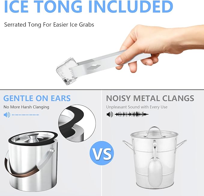 3L Double Wall Ice Bucket for Parties with Silicone Lid, Tongs & Strainer, Bar Insulated Ice Buckets [Silicone Lid for Longer Ice] Cocktail Wine Bucket Champagne Chiller Brown Accent Handle