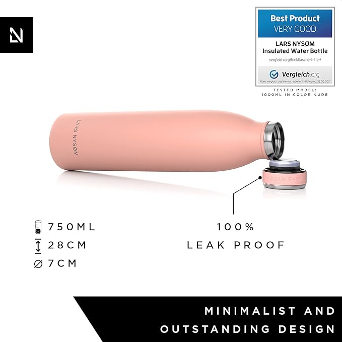 LARS NYSØM Stainless Steel Insulated Water Bottle 12oz 17oz 25oz 34oz 51oz | BPA-free Insulated Thermo Flask for Hot and Cold Beverages | Leakproof Drinking Bottle (Nude, 25oz)