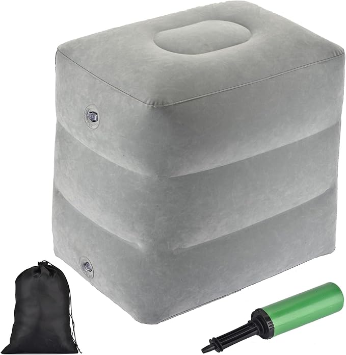 Inflatable Foot Rest Airplane - Adjustable Air Travel Bed for Kids with Pump - Plane Leg Rest Pillow for Adults - Perfect for Long Flights, Cars, Trains, and Home - Light Gray, 1 Pack