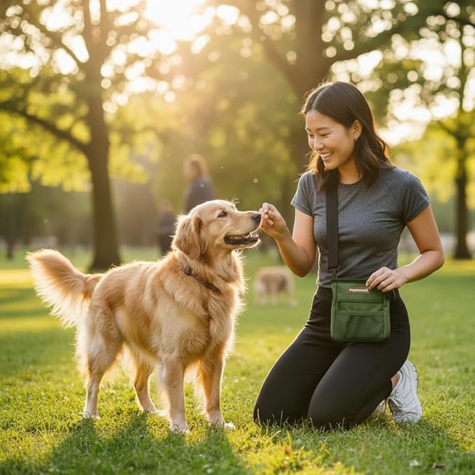 Dog Treat Pouch, Durable Oxford Polyester, No-Spill Magnetic Closure, Treat Pouches for Pet Training with Metal Clip, Waist Belt, Adjustable Strap, Poop Bag Dispenser (Army Green)