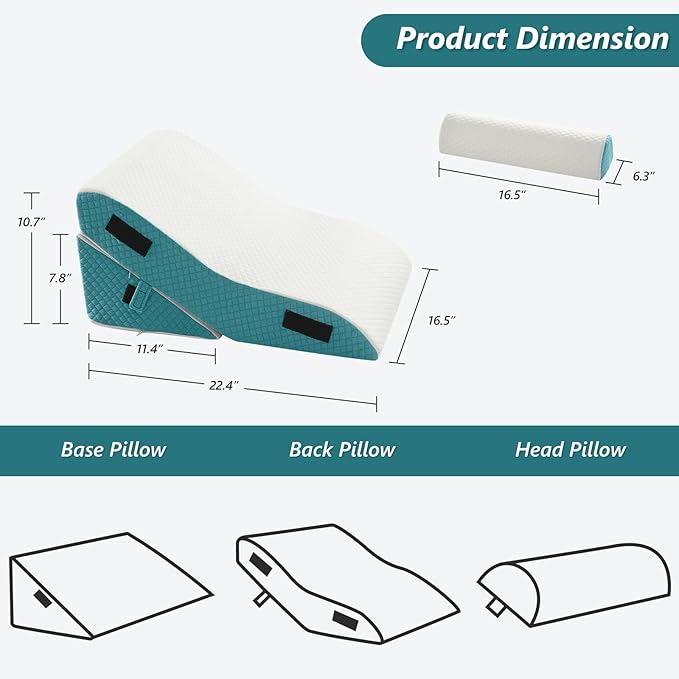 3 PCS Upgraded Bed Wedge Pillow for Sleeping - 35D Post Surgery Pillow for Back Leg Pain Relief - 16.5" Wide Wedge Pillows for After Surgery for Acid Reflux & GERD & Snoring(White Blue)