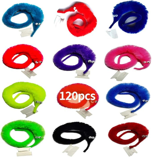 60 Pack Fuzzy Worm Toys String Pets Fuzzy Worms On String Bulk Trick Toy Party Favors for Kid Cat (12 Colors)