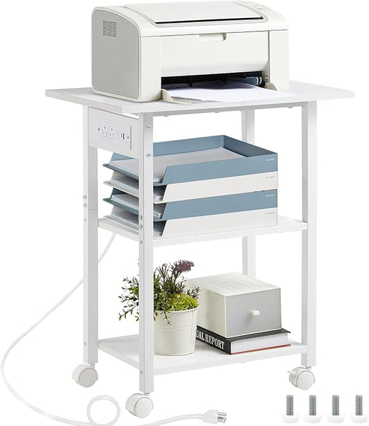 Lerliuo 3-Tier Printer Stand with Charging Station, Industrial Mobile Printer Table with Storage Shelf and Steel Frame, Rolling Printer Cart Holder with Lockable Wheels for Home, Office (White)