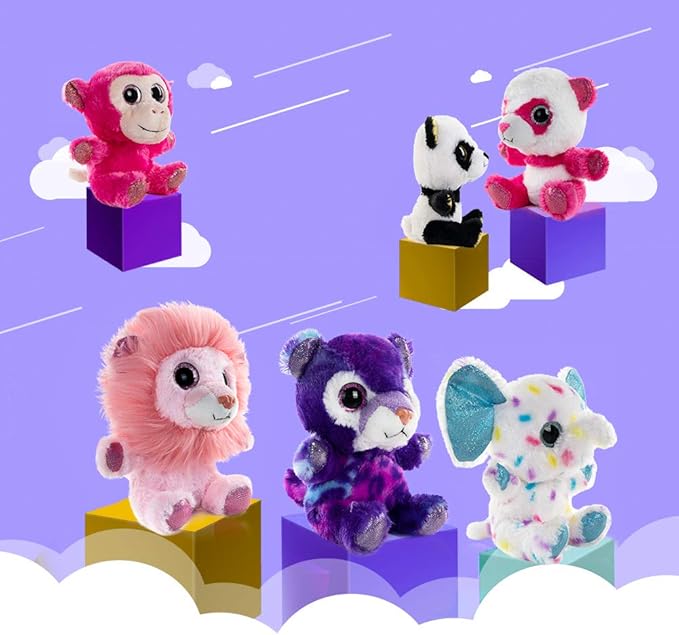 My OLi 5" Plush Toys Set Stuffed Animals Bundle of Zoo Animal Toys Lion/Monkey/Elephant/Pink Bear/Purple Bear/Panda Stuffed Animals Pack of 6 for Babies Kids Girls Boys