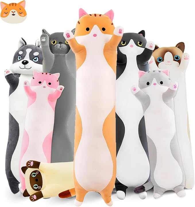 Long Cat Plush Pillow, 27.6in Cute Cat Plushie Stuffed Animals Body Pillow, Yellow Kawaii Kitten Soft Plushie Doll Toy Birthday Gift for Kids Girlfriend