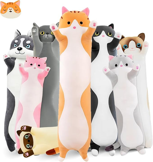 Long Cat Plush Pillow, 35.4in Cute Cat Plushie Stuffed Animals Body Pillow, Yellow Kawaii Kitten Soft Plushie Doll Toy Birthday Gift for Kids Girlfriend