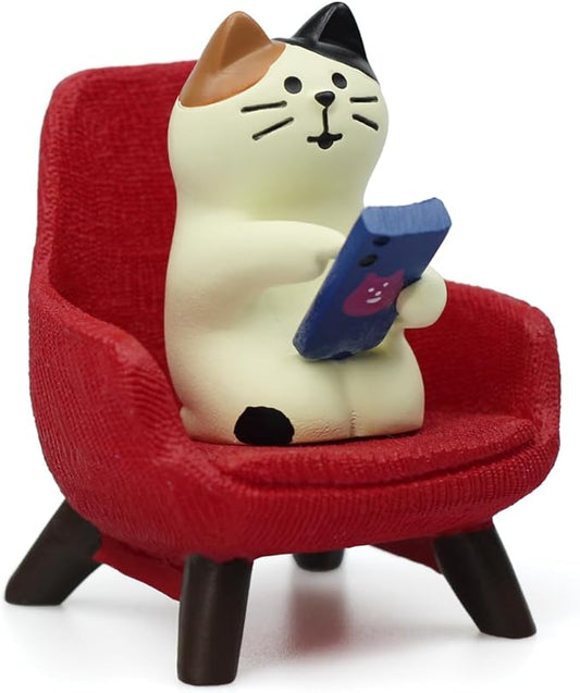 Cute Cat Playing Phone on Sofa Resin Figurine Desk Decor & Cat Lover Gift (Red Sofa)