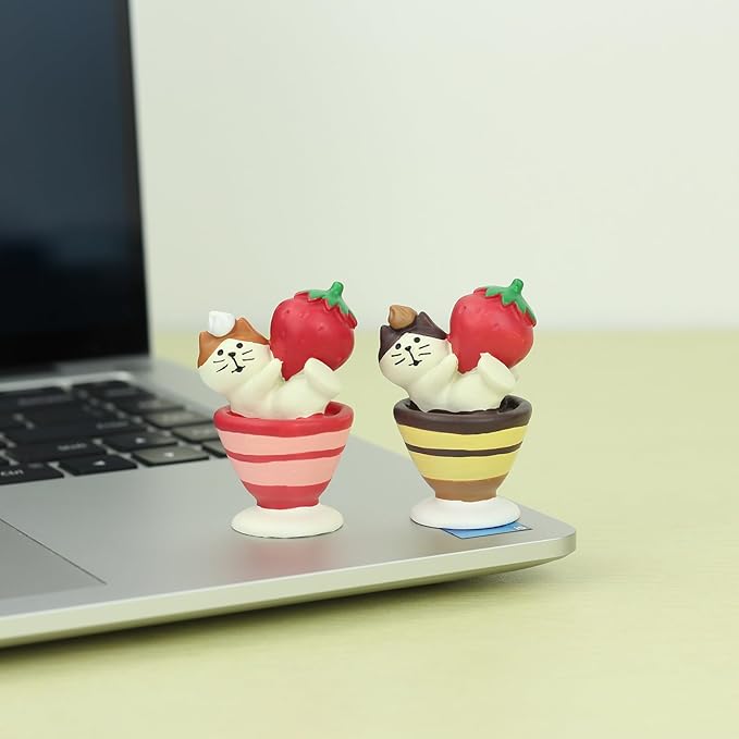 Cute Miniature Cat Figurine Holding a Strawberry on a Cup Resin Mini Cat Figures, Kitten Miniature Desk Accessories - Perfect Cute Cat Gift for Cat Lovers