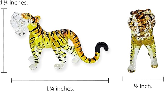 WitnyStore Tiny 1¾" Long Yellow Black Standing Tiger Roaring Figurine - Miniature Hand Blown Painted Glass Panthera Wild Cat Small Crystal Wildlife Animals Decorative Collectible Figurines Décor Gifts