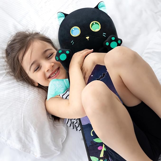 Long Cat Plush Body Pillow, 20” Cute Black Cat Stuffed Animals Kawaii Plushies, Squishy Body Pillow Plush Toys Gift for Kids Girls Boys