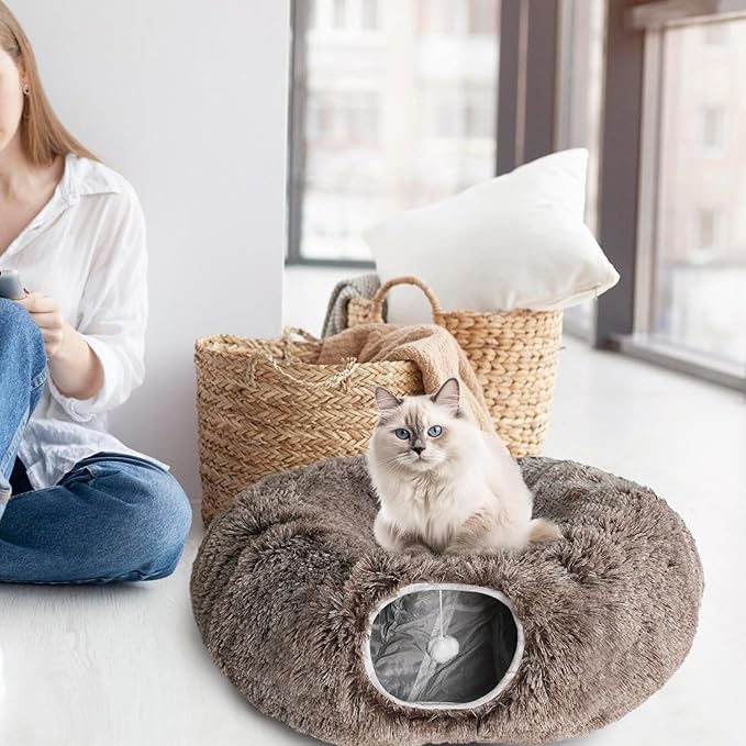 KOMUSMO Cat Tunnel Bed with Central Mat and Hanging Ball Toy, Multifunctional Large Cat Bed Cave Donut for Indoor Cats, Soft Plush Fluffy Collapsible Peekaboo Cave for Small Medium Large Cats Kittens