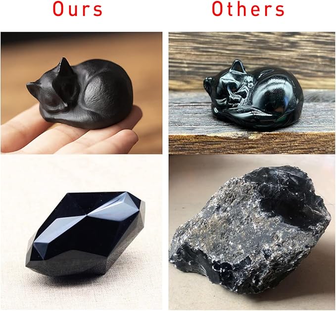 OwMell Tiny Sleeping Cat Statue Hand-Carved Healing Stone Gemstone Little Kitten Statue Figurine 2" - Black Obsidian