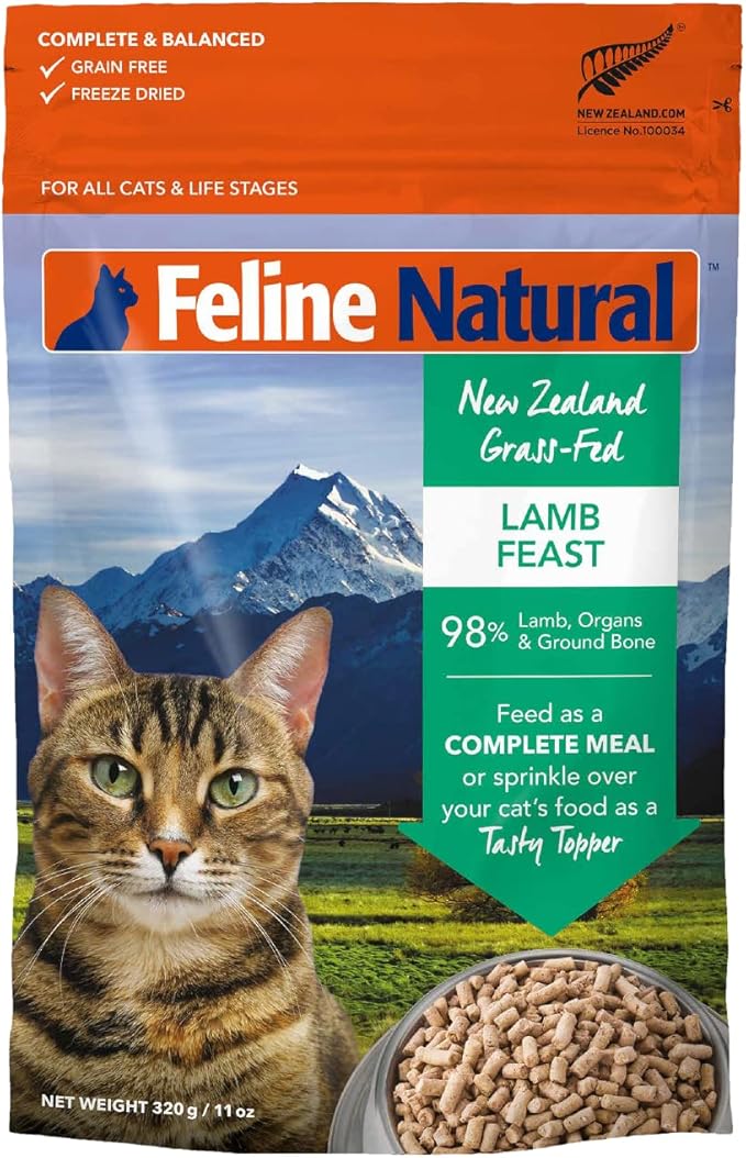 Feline Natural High Protein Dry Cat Food, Freeze-Dried Diet with 98% Meat, Organs & Seafood, No Peas, Grains, or Artificial Additives, Made in New Zealand, Lamb, 11oz