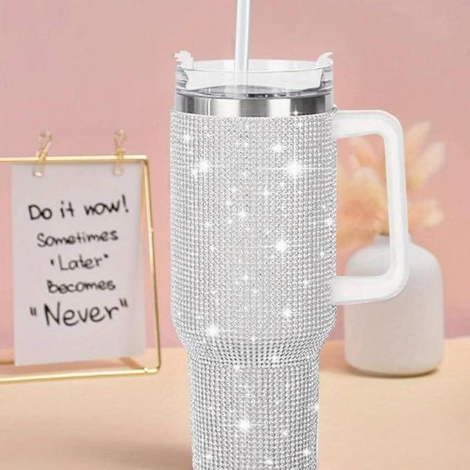 Lashicorn White Rhinestone 40 oz. Tumbler with Handle and Straw Lid Bling Tall Jewel Cup Gift Light Insulated Iridescent