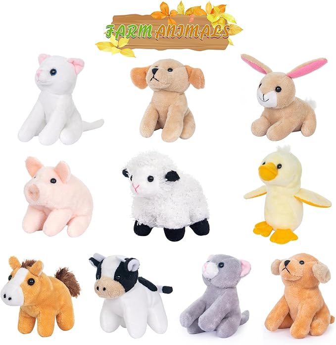 My OLi 10 Pack Plush Farm Animals Toys Stuffed Animals Bundle 3.5 Inch Cute Small Stuffed Animal Bulk Plush Toys for Kids, Plush Cat Dog Duck Rabbit Pig Sheep Cow Horse