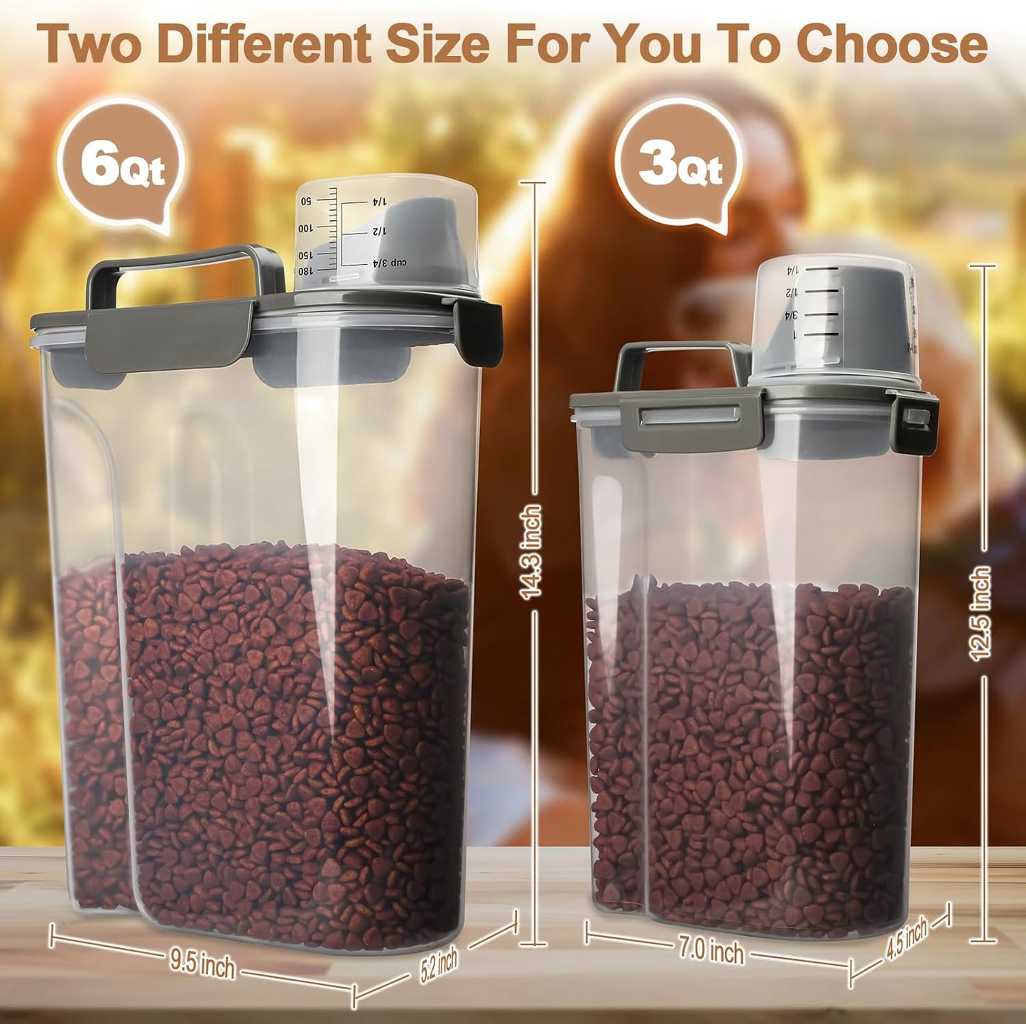 Dog Food Storage Container, 5-7 Lbs Airtight Pet Food Container, Cat Food Container Dispenser Plastic Bin with Pouring Spout, Portable Handle and a Collapsible bowl for Dogs Cats Grey/6Qt