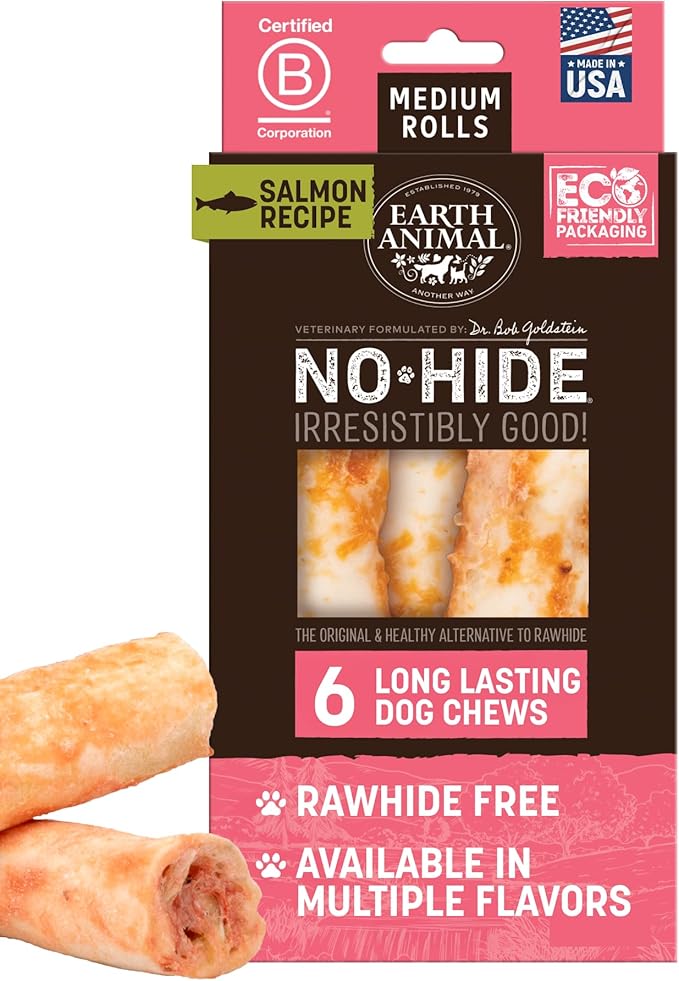 Earth Animal No Hide Medium Salmon Flavored Natural Rawhide Free Dog Chews Long Lasting Chew Sticks | Treats for Large Dogs | Great for Aggressive Chewers - 6 Count