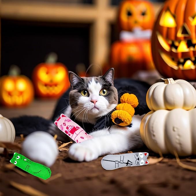 PET SHOW 8 Pack Halloween Cat Kicker With Catnip Crinkle Sound for Indoor Cats - Cute Ghost Pumpkin Plush Kittens Shape Natural Interactive Pet Kitty Toy