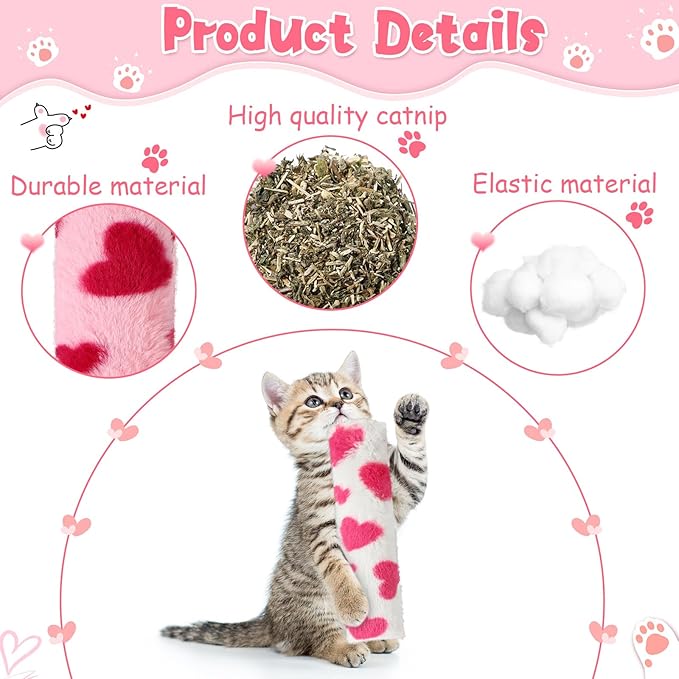 Civaner 6 Pcs 10.6 Inch Cat Catnip Toys Interactive Kitten Kicker Toy Soft Plush Cat Pillow Sticks Kitten Chasing Chewing Exercising Catnip Toy Indoor (Red,Pink,White,Valentine Style)
