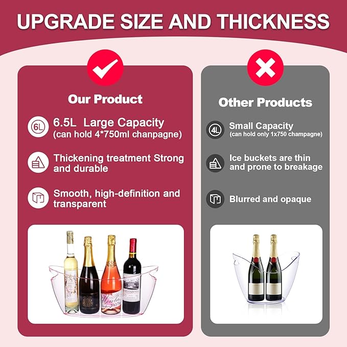 Ice Buckets for Parties, 2 PCS Acrylic Champagne Beverage with 2 Ice Bucket Scoop, Drinks Buckets Tub for Cocktail Bar, Long and Narrow 5.5 Liter Bucket for Party(5.5L) (Pink)