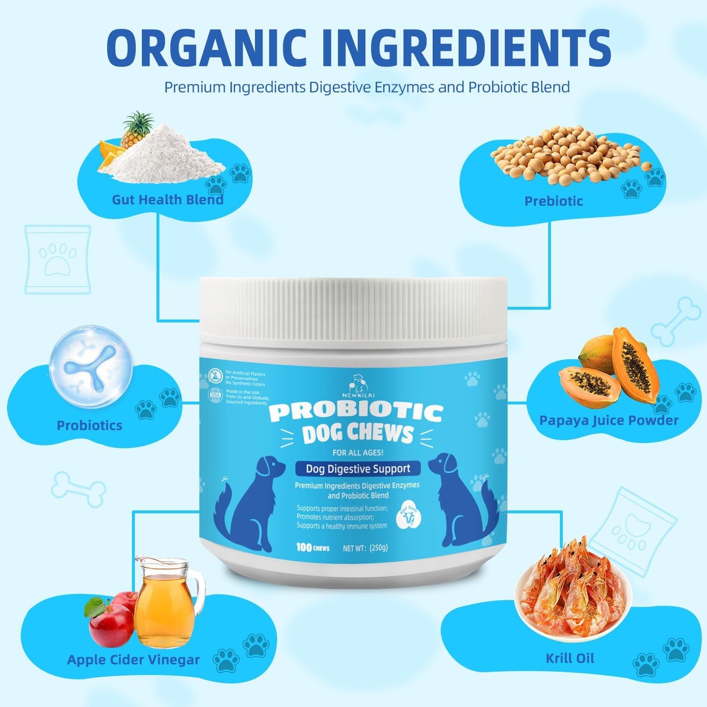 Natural Probiotic Digestive Supplement for Dogs - Probiotic Chewable with Prebiotics and Enzymes Supports Gut Health, Diarrhea & Digestion, Improve Immune System Allergy Itch Skin