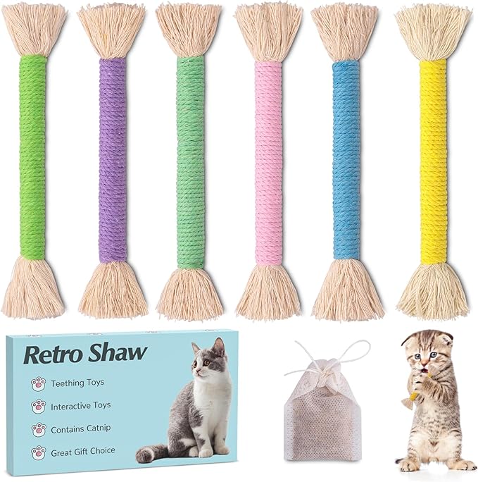 Retro Shaw Cat Toys Ropes with Catnip, 6Pcs Kitten Teething Chew Toys for Indoor Cats, Interactive Cat Nip Kitty Toys Kicker, Safe Durable Upgraded